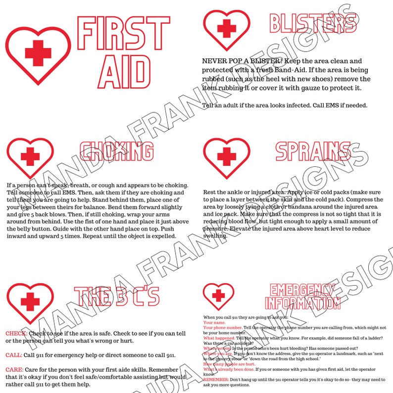 May include: Red and white first aid instructions with a red heart and a plus sign. The instructions cover choking, sprains, blisters, and emergency information. The text includes the acronym 'The B's' and the phrase 'Remember'.