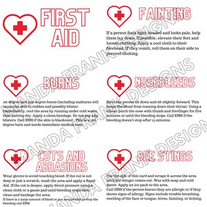 May include: A red heart with a white plus sign in the center is repeated throughout the image. Each heart is accompanied by a different first aid instruction. The instructions include how to treat burns, cuts and abrasions, nosebleeds, fainting, and bee stings.