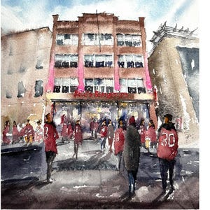May include: Watercolor painting of a city street scene with a multi-story brick building and people walking. The building has pink accents and a sign above the entrance. People are wearing red jackets with numbers.