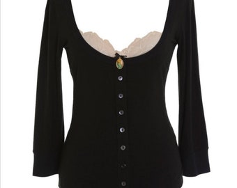 very sought after Dolce & Gabbana cardigan with Virgin Mary pendant and lace tank top old money aesthetic 90s supermodel