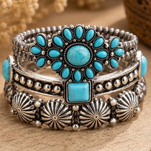 Western Turquoise Bracelet Stack | Stretch Silver Beaded Bracelet Set