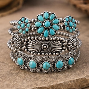 Western Turquoise Bracelet Stack | Silver Tone Floral Cuff Bracelet Set