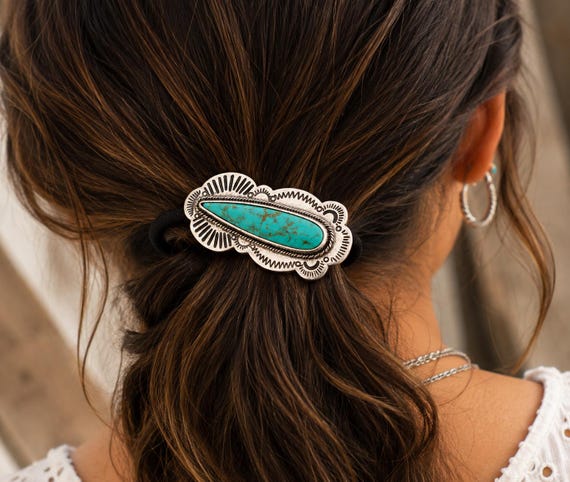 Turquoise Western Hair Tie | Silver Southwestern Ponytail  display picture 1
