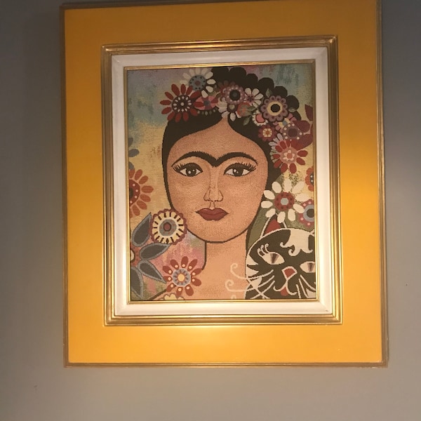 Grand tableau textile Frida Kahlo et son encadrement en bois
