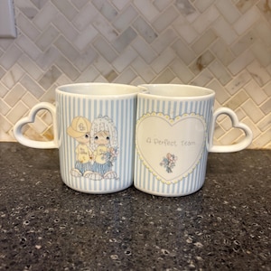 Vintage Precious Moments Mugs, Interlocking Heart Handles, Enesco Pair