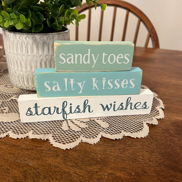 Beach Wood Decor; Salty Kisses; Starfish Wishes; Beach Sign: Summer Tiered Tray Decor