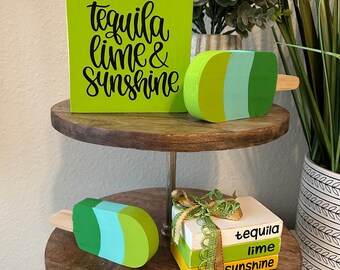 Tequila Lime Sunshine Tiered Tray Decor; Wood Popsicles; Summer Wood Book Stack