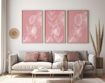 Pink Floral Line Art Prints, Set of Three
