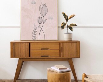 Pink Floral Line Art Prints, Contemporary Botanical Wall Decor (Set of Three)