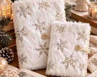Broderad anteckningsbok med plyschsnöflinga, påfyllningsbar ringpärm (A5/A6)