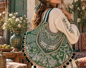 Handgjord broderad hoboväska, boho hippie tribal resväska, unik boho-väska