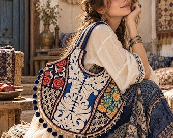 Handgjord broderad hoboväska, boho hippie tribal resväska, unik boho-väska