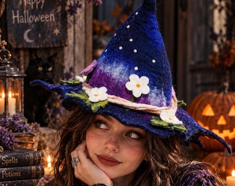 Handgjord tovad ull Halloween häxhatt, nyckfull Halloween-kostym, skogsfantasitillbehör