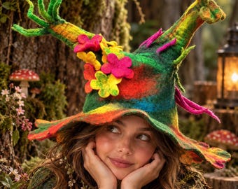 Handgjord ullfiltad trädandahatt, skogshäxhatt med blommor, skogsfantasidräkt, nyckfull Halloweenhatt för kvinnor
