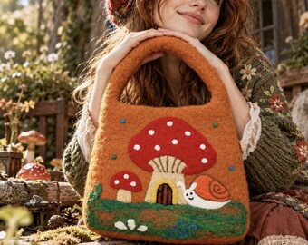 Handgefertigte Pilz-Cottage-Tasche aus Wollfilz, Schnecken-Wald-Geldbörse, Cottagecore-Accessoire
