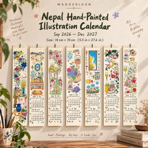 May include: A vertical wall calendar titled Nepal Hand-Painted Illustration Calendar for Sep 2026 to Dec 2027, measuring 14 cm by 70 cm. It features seven hanging panels with colourful, detailed illustrations and monthly grids for each date.