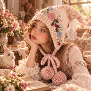 Hand-Knit Floral Embroidered Elf Hat, Wool Blend Fairycore Bonnet, Cottagecore Winter Accessory