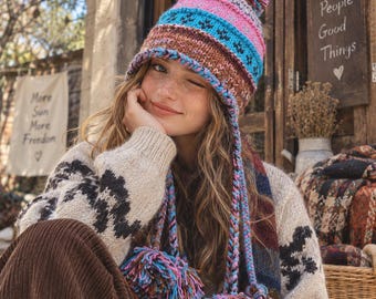 Handgjord nepalesisk ullöronflikar, färgglad bohemisk stickad mössa, Fair Isle Festivalhatt