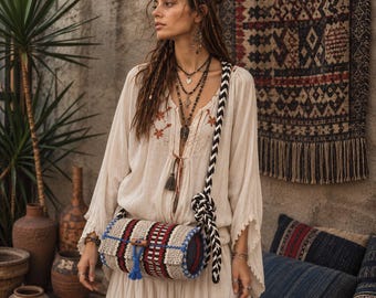 Handgjord Nepal Yak Ull Fat Bag, Boho Tribal Axelväska