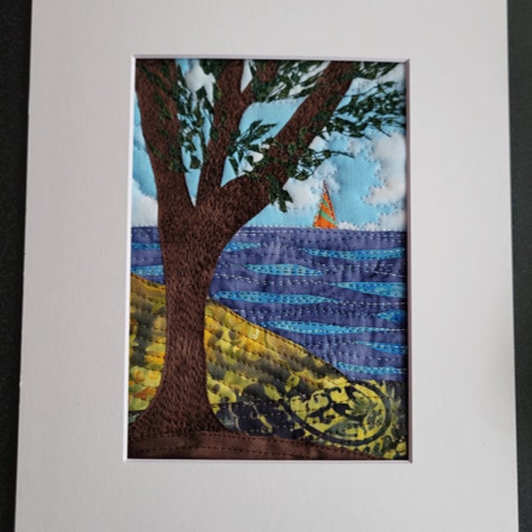 Colgante de pared acolchado hecho a mano, lago, velero, árbol, parque
