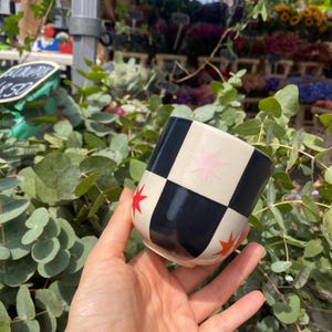 Handmade Ceramic Cup with checkered and star Design – Hand-Painted Stoneware checked square pattern