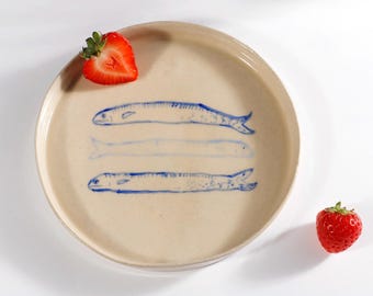Handmade Ceramic Side Plate with 3 Blue Sardines Design – Coastal Dinnerware, Hand-Painted Stoneware Side Serving Plate, Beach House Decor