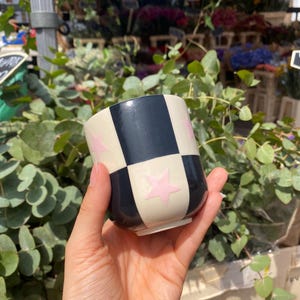 Handmade Ceramic Cup with checkered and pink star Design – Hand-Painted Stoneware checked square pattern