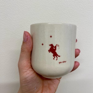 Handmade Red Cowboy Cup – Stoneware Ceramic Mug with Western Silhouette, Cowboy Riding Horse Design, Modern Rustic Pottery Gift