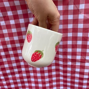 Handmade Ceramic Cup with Handpainted Strawberry Design – Hand-Painted Stoneware berry wrap around pattern