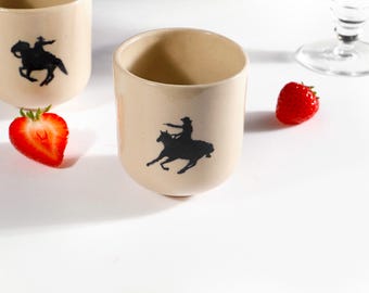Reversible Handmade Cowboy Cup – Stoneware Ceramic Mug with Black Western Silhouette, Cowboy Riding Horse Design, Modern Rustic Pottery Gift