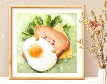 Sleeping Sandwich, Toast and Egg, Funny, Cute, Illustrated, Print, For Children, For Home