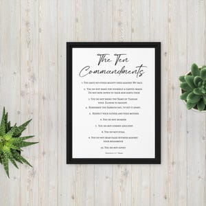 May include: A black and white printable poster with the text "The Ten Commandments" and a list of the ten commandments in black text.