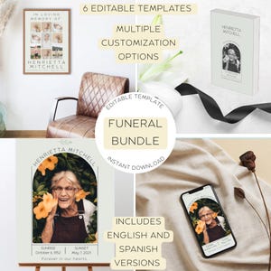 Paquete de programa funerario editable / Plantillas de Canva para celebrar la vida / Programa, invitación, agradecimiento y póster conmemorativo / Inglés y español