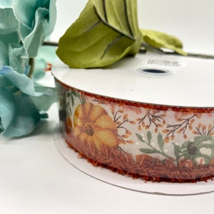 Pumpkin Fall Wired Ribbon | Ivory Foliage, Craft Bows (1.5" x 10 Yard)