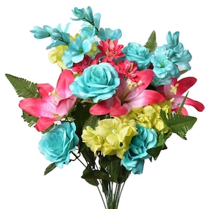 Fuchsia and Aqua Rose Lily Bush | Artificial Silk Flower Bouquet | Tropical Bouquet | Wreath Supplies | Spring Summer Flowers | Flower Crown