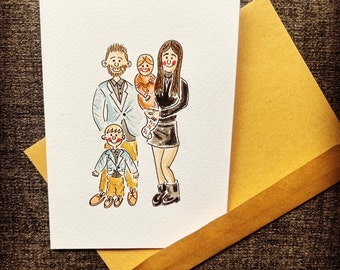 Personalised watercolour greetings card, for any occasion, perfect family portrait. Illustration can be framed after occasion.