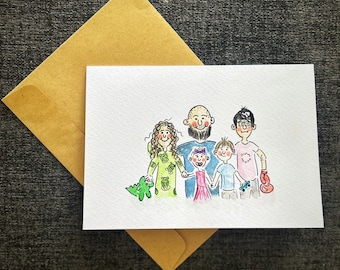 Verwandeln Sie sich in eine Kinderbuchfigur auf einer maßgeschneiderten personalisierten Grußkarte, perfektes Porträtgeschenk, Aquarelldesign.