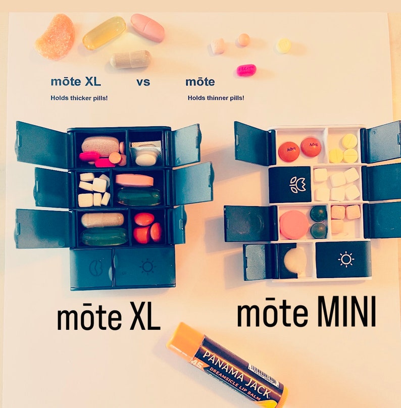 XL holds capsules and thicker pills 💊 

MINI holds caplets, tablets and thinner flatter pills. (Will hold two advil in a avail chamber with two convex bumps)