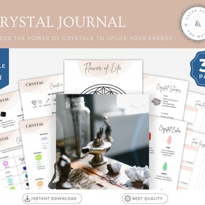 May include: A digital printable journal with 37 pages for crystal lovers. The journal features a flower of life design, crystal shapes, crystal colors, and pages for journaling about healing and inspiration. The journal is editable in Canva and includes an instant download.