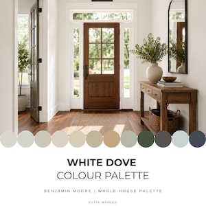 May include: A home entryway featuring a dark wood door with glass panes, a wooden console table with a ceramic vase and woven basket, and a row of twelve circular color swatches below the text WHITE DOVE COLOUR PALETTE BENJAMIN MOORE.
