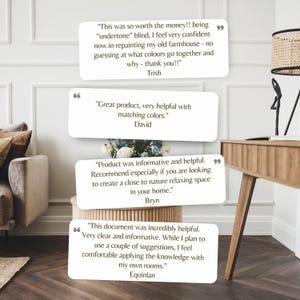 May include: A light-filled interior scene featuring a wooden desk with a woven lamp and a sofa. Several white speech bubbles contain customer testimonials. The testimonials praise the product's helpfulness in matching colors and creating relaxing spaces.