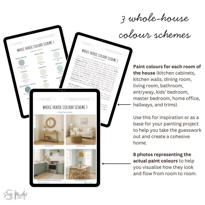 May include: Three digital tablets displaying whole-house color schemes. The tablets show paint colors for various rooms, including kitchens, bedrooms, and bathrooms. The text on the tablets reads "Coastal Calm" and provides inspiration for home painting projects.