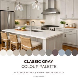 May include: A kitchen interior featuring light gray cabinets, a white countertop, a stainless steel refrigerator, and a gas range. Three woven chairs with white cushions are positioned at the island. Below, a color palette displays twelve circular swatches.