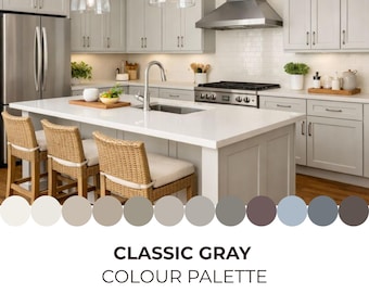 May include: A kitchen interior featuring light gray cabinets, a white countertop, a stainless steel refrigerator, and a gas range. Three woven chairs with white cushions are positioned at the island. Below, a color palette displays twelve circular swatches.