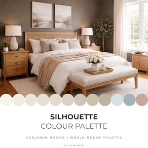May include: A bedroom featuring a wooden bed frame with a cane headboard, two wooden nightstands with white lamps, a bench at the foot of the bed, and a color palette graphic labeled SILHOUETTE COLOUR PALETTE BENJAMIN MOORE | WHOLE-HOUSE PALETTE SUITE MINDED.