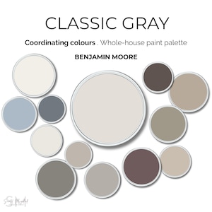 Palette di colori classici grigi Benjamin Moore per tutta la casa - Toni coordinati - Guida digitale - Colori di accenti, pareti e finiture