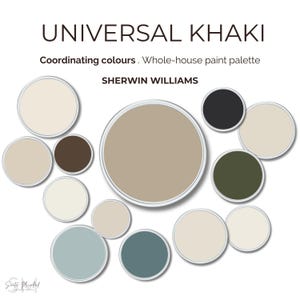 May include: A paint palette with the text "UNIVERSAL KHAKI" and "Coordinating colours. Whole-house paint palette" by Sherwin Williams. The palette includes a large khaki circle surrounded by smaller circles in various neutral and muted colors.