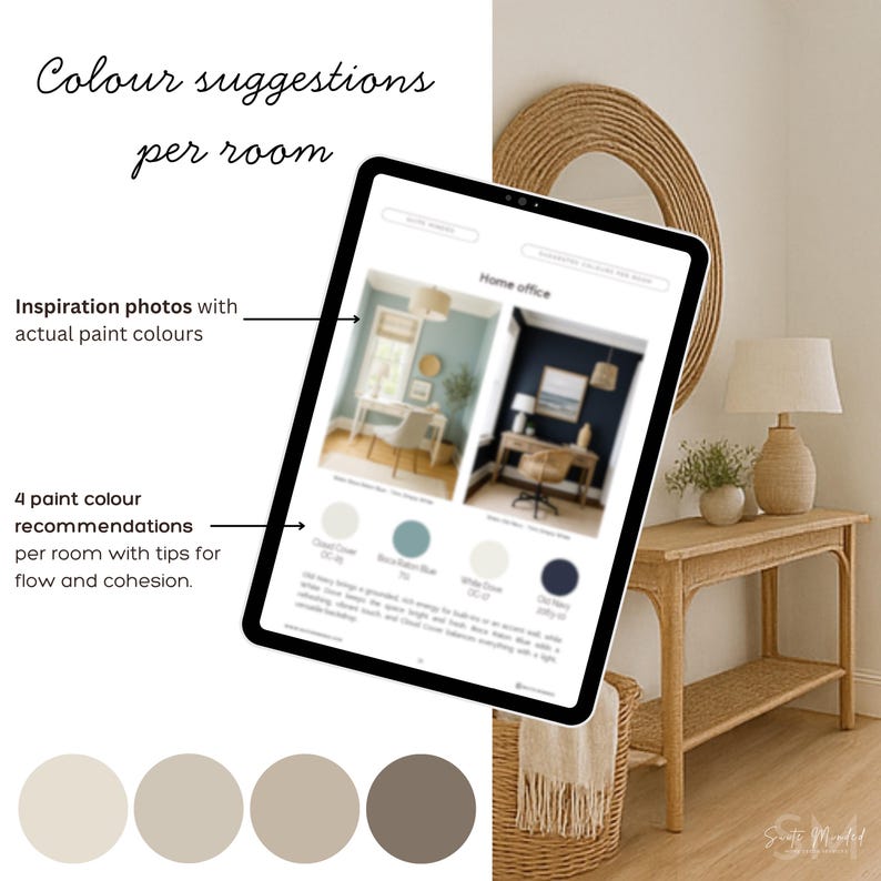 May include: A digital tablet displays paint color suggestions for a home office, with inspiration photos and color recommendations. The tablet is in a room with a woven console table, a round mirror, and a lamp.