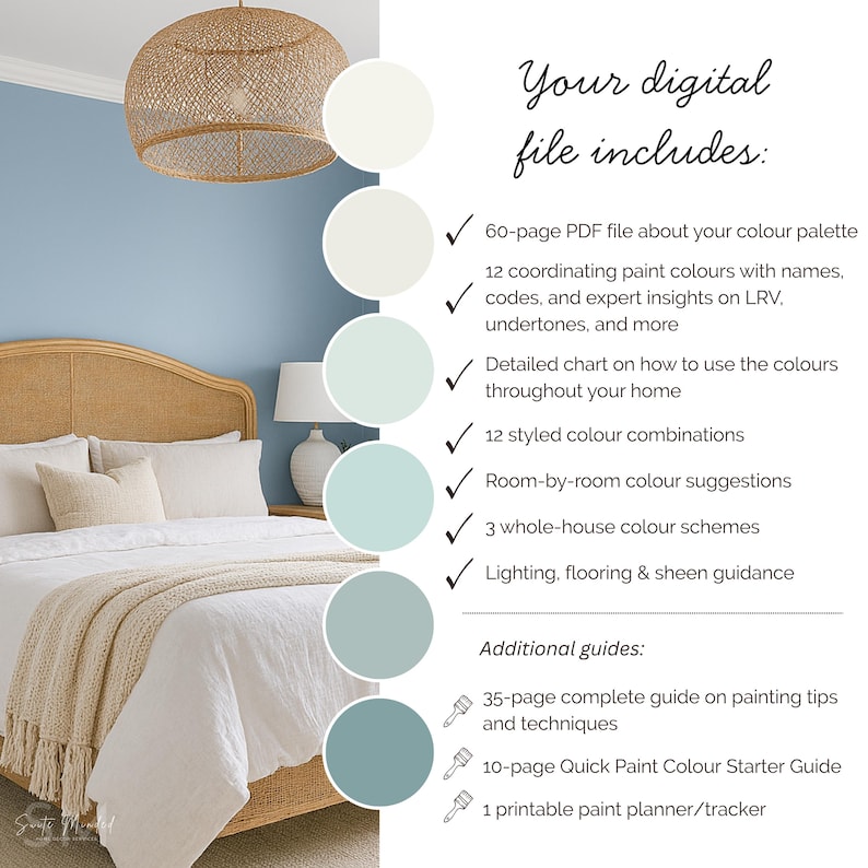 May include: A bedroom scene with a bed, pillows, and a woven light fixture. The image includes a color palette with paint swatches and text: "Your digital file includes:" with details about the color palette.