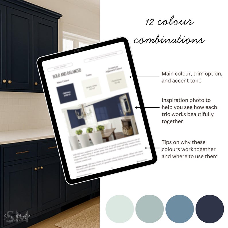 May include: A digital tablet displays a design concept with the text "12 colour combinations." The screen shows a color palette with a main color, trim option, and accent tone. The image includes an inspiration photo and tips on color usage.